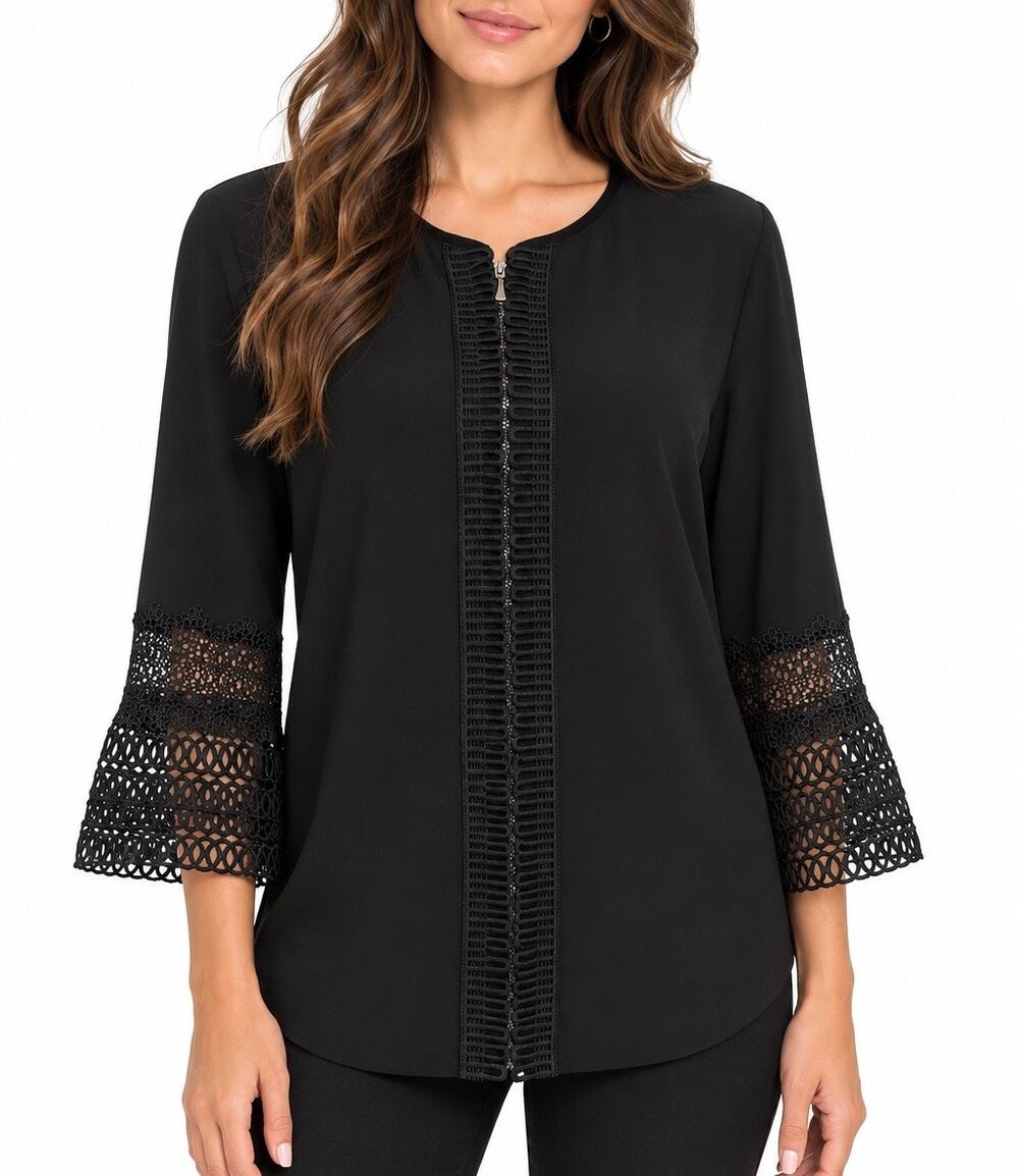 Tahari Black Crochet Lace Bell Sleeve Zip Front Tunic Blouse Size Medium